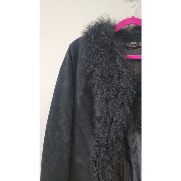 Black Genuine Suede & Fur Trim 70s Glam Whimsygoth Festival Coat - Picture 6 of 16